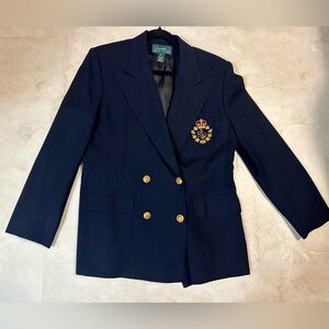 Vintage Lauren Ralph Lauren Double Breasted Wool Blazer Size 14 Navy Blue Crest